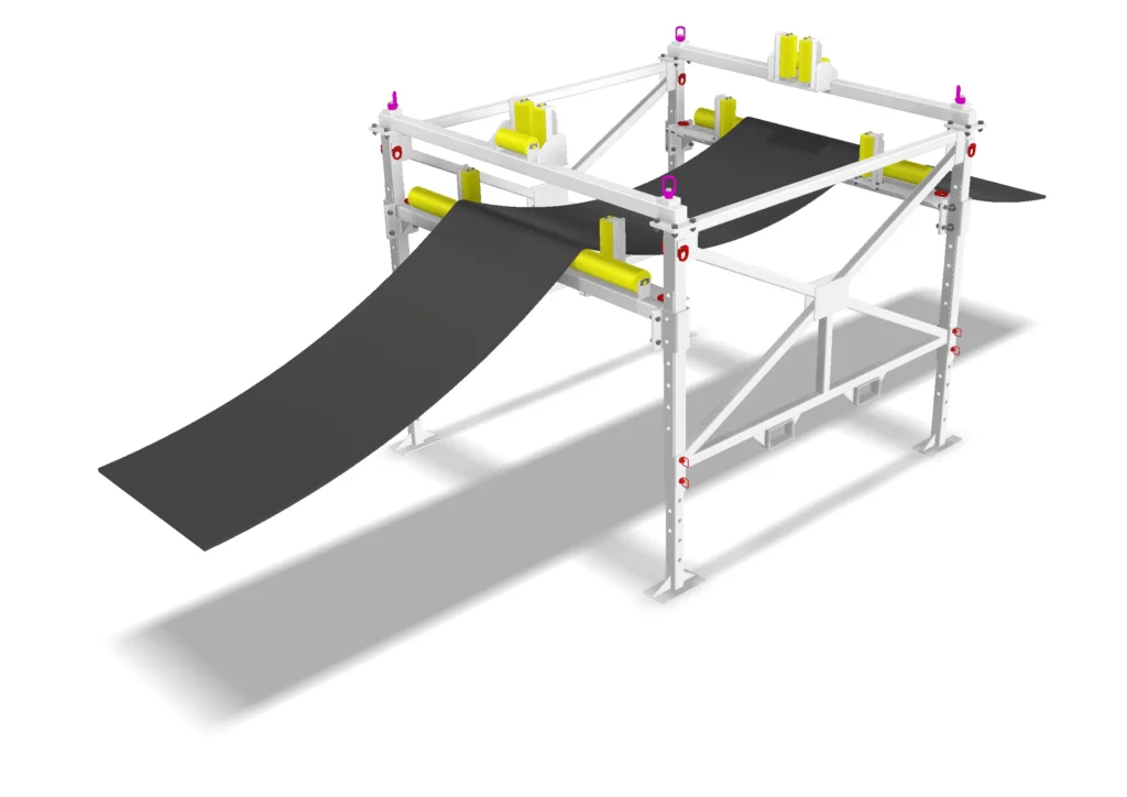 A 3D-rendered image of an industrial machine with a white frame, yellow rollers, and two black conveyor belts, one feeding in from the left and one exiting from the right. The structure casts a shadow on the ground.