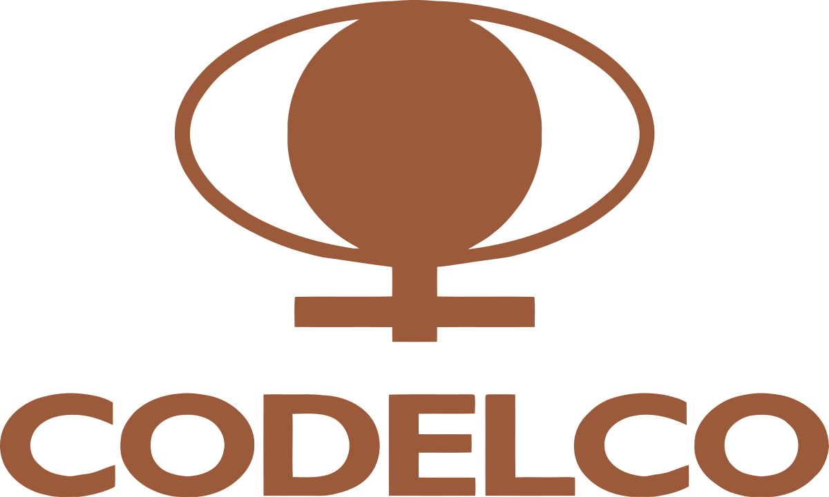 Logo of CODELCO featuring a stylised brown circular shape with an oval outline above a cross, resembling a copper ingot or a female symbol, with the word "CODELCO" in bold brown capital letters below.