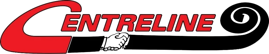 Logo with the word "CENTRELINE" in bold red letters. The letter "C" is large and black, resembling a hockey stick, with two hands shaking at the bottom of the stick.