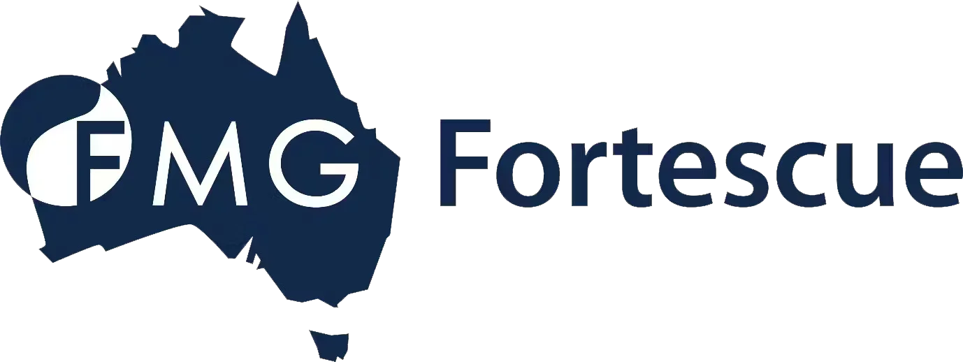 Fortescue logo featuring "FMG" inside a circle over a dark blue map of Australia, with "Fortescue" written in bold letters to the right.